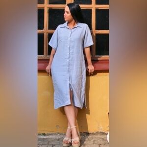 Well Worn Linen Blend Blue Shirt Dress Coastal Nautical Pockets Women's Large